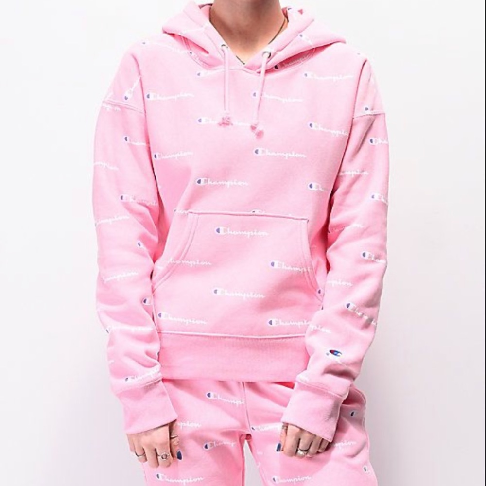 Champion reverse wear logo all over Hoodie Pink